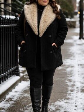 Twik Black Pea Coat Beige Faux Fur Shawl Collar Double Breasted Winter Jacket